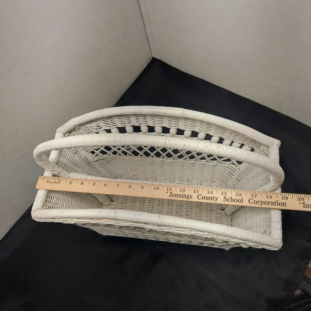 Vintage White Wicker Magazine Rack Basket with Handle Shabby Chic Decor